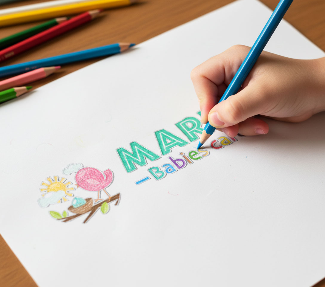 A child colors a drawing with text and a bird on a branch using colored pencils on white paper. A child colors a drawing with text and a bird on a branch using colored pencils on white paper.